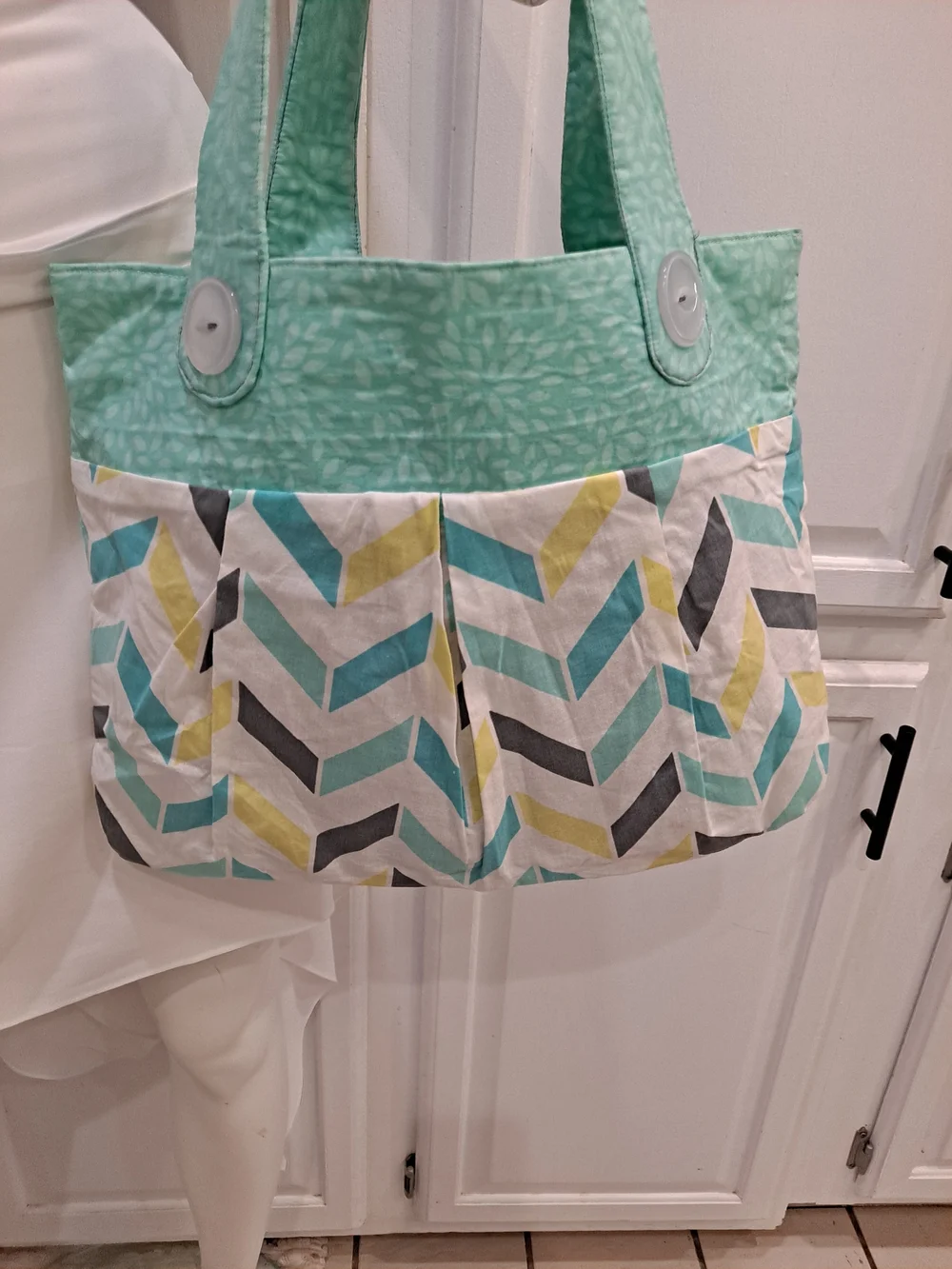 Artisan Crafted Mint, White, Gray, and Teal Chevron Pleated Mini Tote W/buttons - Picture 3 of 7